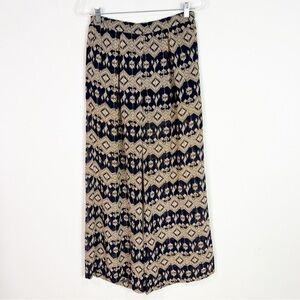 FORA NAVY TAUPE PATTERN ELASTIC WAIST WIDE LEG FLOWY PANTS WOMENS SZ MEDIUM